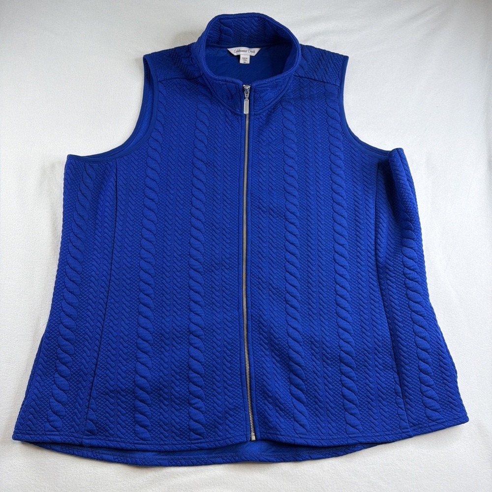 Coldwater Creek Womens 3X Blue Cable Knit Full Zip Vest Stretch Plus Size